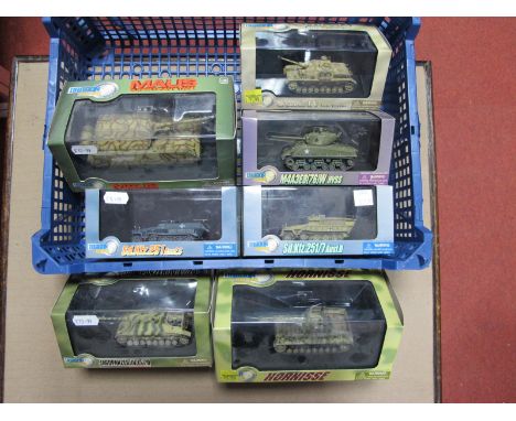 Seven 1:72nd Scale Diecast Model Tanks, armoured vehicles by Dragon including Dragon Armor Hornisse, M4A3E8 (76)W HVSS, Jagdp