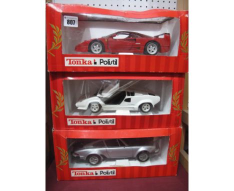 Three Tonka Polistil 1:18th Scale Diecast Model Sports Cars, including Lamborghini Countach, Ferrari F40, Porsch 911, boxed.