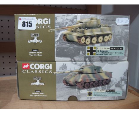 Two Corgi 1:60th Scale Fighting Vehicles, #66601 German Army King Tiger Heavy Tank, #66501 German Army Tiger MK1 tank, Boxed.