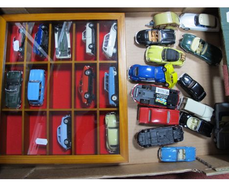 Approximately Twenty Four Diecast Model Vehicles, by Corgi, Universal Hobbies, Del Prado and other, together with a glass fro