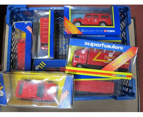 Nine Corgi Diecast Model Vehicles, all with Royal Mail liveries including #57902 Land Rover Royal Mail Post Bus, Superhaulers