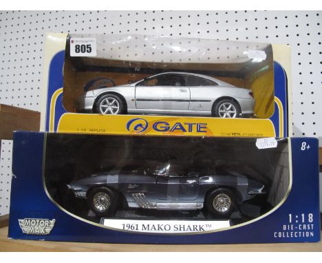 Two 1:18th Scale Diecast Model Cars, Motor Max 1961 Mako Shark, Gate Peugeot 406 Coupe 'Silver', boxed.