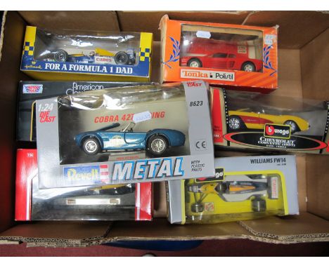 Seven 1:24th Scale Diecast Model Cars, by Revell, Burago, Tonka, Motor Max and other including Revell Cobra 427 racing, Burag