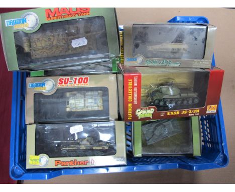 Seven 1:72nd Scale Diecast Model Tanks, by Dragon Easy model including Dragon Armor Panther F, Mavs Super Heavy Tank, boxed.