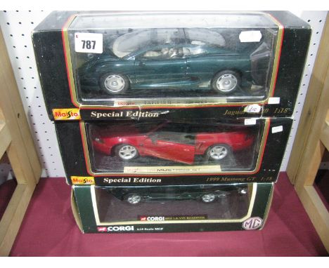 Three 1:18th Scale Diecast Model Vehicles by Maisto, Corgi including Maisto, Jaguar XJ220,1999 Mustang GT, boxed.