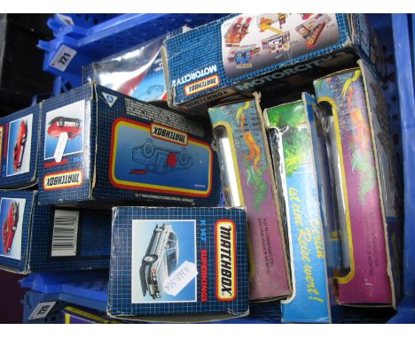 Eight Diecast Model Vehicles by Matchbox, including K-15 Berlin Bus, The Royal Wedding 1981 Double Decker Bus, K-146 Jaguar X
