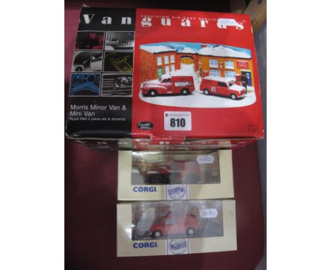 Vanguards 1:43rd Scale Morris Minor Van and Mini Van Royal Mail Two Piece Set and Diorama; together with two Corgi Diecast Mo