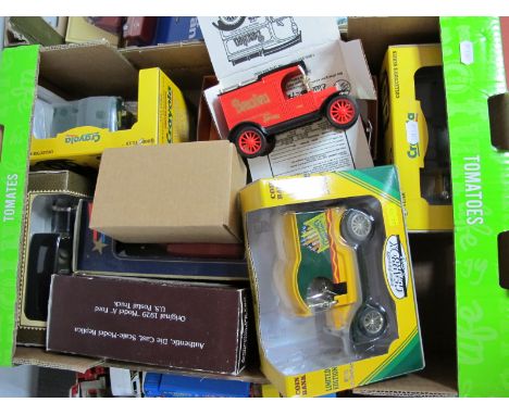 Nine Diecast Model Vehicles, by The Yorkshire Co. USA, ERTL, Lledo gearbox toy, mostly coin banks including ERTL Chevrolet 19