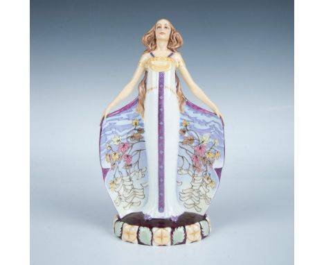 Bone china figure of a lady representing Autumn in a long light blue dress holding open the sides to reveal leaves on a blue/