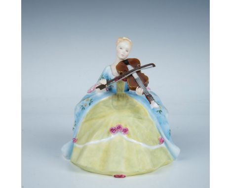 She wears a pale blue and yellow 18th-century style dress while playing the violin. The figures in the Lady Musicians series 