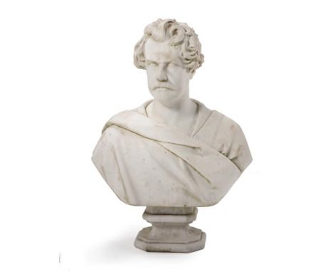 A CARVED MARBLE PORTRAIT BUST OF A GENTLEMANPROBABLY ENGLISH OR GERMAN, CIRCA 1840Gentleman depicted with moustache in flowin