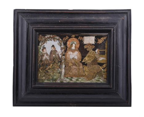 A RARE TEXTILE AND NEEDLEWORK COLLAGE PICTURE DEPICTING SAINT CECILIA, LATE 16TH/EARLY 17TH CENTURYDepicting interior setting