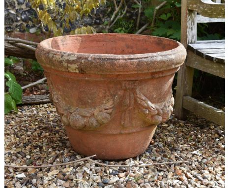 A TERRACOTTA 'APPLE' POTATTRIBUTED TO COMPTON POTTERY, EARLY 20TH CENTURYWith typical raised swag decoration, faint distorted