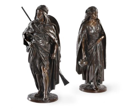 AFTER JEAN JULES SALMSON (FRENCH 1823-1902), A PAIR OF ORIENTALIST BRONZES 'LA PORTEUSE' AND 'LE GUERRIER ARABE'CIRCA 1890Eac