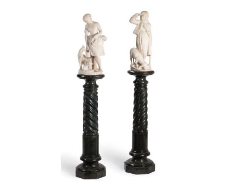 A PAIR OF CARVED ALABASTER FIGURES ON MARBLE STANDS19TH CENTURY, ITALIANDepicting two shepherdesses, the taller 65cm highon s