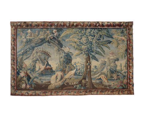 A FRENCH EXOTIC CHINOISERIE LANDSCAPE TAPESTRY IN THE MANNER OF JEAN-BAPTISTE PILLEMENT, MID-18TH CENTURYDepicting Chinese pa
