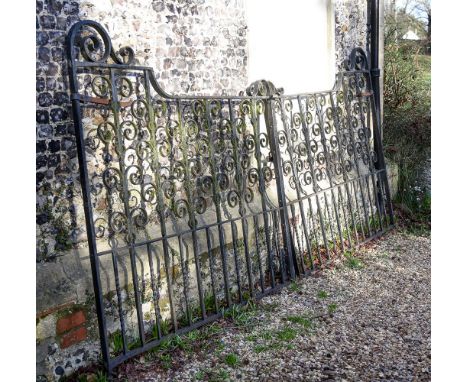 A PAIR OF BLACK PAINTED CAST AND WROUGHT IRON GATESEARLY 20TH CENTURYOf shaped rectangular outline, cast with scrolls and par
