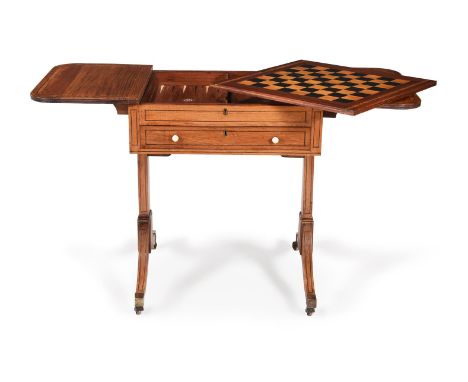 Y A REGENCY PADOUK, EBONY AND SATINWOOD CROSSBANDED PEMBROKE GAMES TABLEPOSSIBLY CHINESE EXPORT, CIRCA 1815The centre of the 