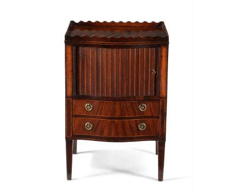 † A GEORGE III MAHOGANY AND INLAID NIGHT COMMODECIRCA 1800 With tambour frontapproximately 80cm high, 60cm wide, 48cm deepCon