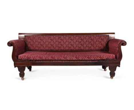 A GEORGE IV MAHOGANY AND UPHOLSTERED SOFA CIRCA 182592cm high, 231cm wide, 73cm deep overall