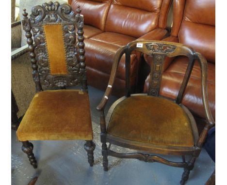 Early 20th Century oak tub type chair, together with a late Victorian carved oak hall chair with bobbin turned supports. (2)(