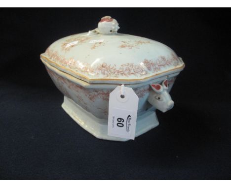 18th Century Chinese export porcelain tureen and cover of rectangular form with canted angles, overall decorated in iron red 