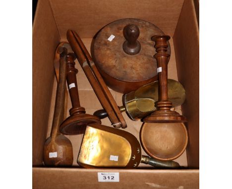 Vintage table top filing cabinet, together with various treen items; cow ladle, butter pats, candlesticks, copper and brass s