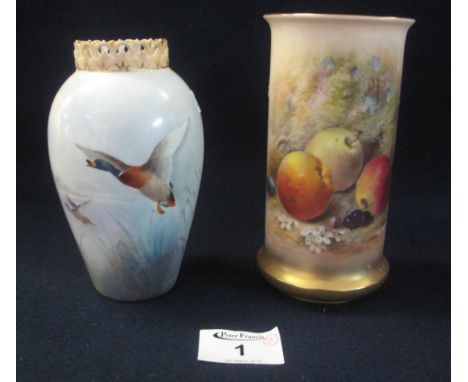 Royal Worcester porcelain straight sided cylinder vase painted with study of fruit on a mossy bank, signed Rickells. Printed 