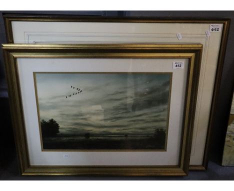 J Hilliard, 'First wing at dusk', signed, oils, 32 x 48cm approx, under glass. Together with a coloured print after Phillip R