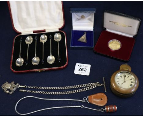 Cased set of EPNS coffee bean spoons, silver triangular pendant, gold plated Canadian commemorative medallion, pocket watch i