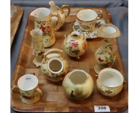 Tray of mainly blush ivory Worcester items to include; globular vase, cauldron, tyg, pheasant vase by Stinton etc. (B.P. 24% 