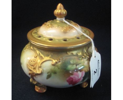 Royal Worcester porcelain baluster shaped pot pourri vase and cover, painted with roses in the Hadley style. Printed marks to