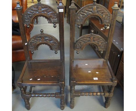Pair of oak Yorkshire style chairs with carved acorn decoration on bobbin turned supports. (2)(B.P. 24% incl. VAT)