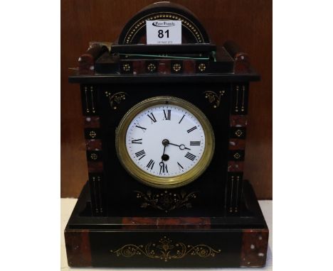 Late Victorian aesthetic taste single train architectural mantel clock with Roman enamel face. 33cm high approx.(B.P. 24% inc