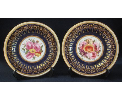 Pair of 19th Century Grainger Lee and Company of Worcester botanical cabinet plates with good quality gilded cobalt round bor