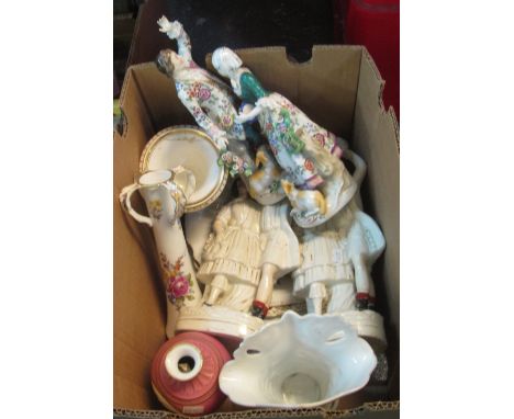 Box of assorted china to include; Staffordshire flatback figure groups, continental figures, pink and gilt porcelain vase dec