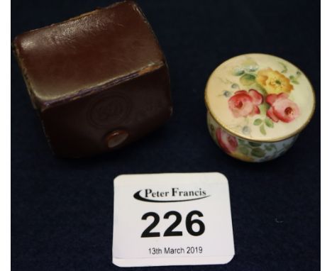 Royal Worcester blush miniature rouge pot decorated with roses with date code c.1904 and cover and a leather coin case. (B.P.