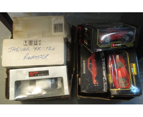 Two boxes of 1:18 scale diecast vehicles in original boxes to include; Bburago, Minichamps, UT Models etc. Together with some