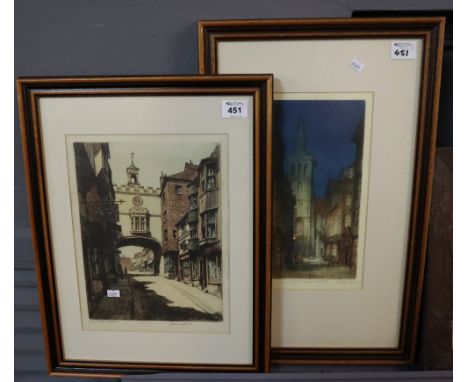 J Lewis Stant, East gate Totnes, uncoloured etching, together with J Alphege Brewer, church study, coloured etching. Both sig
