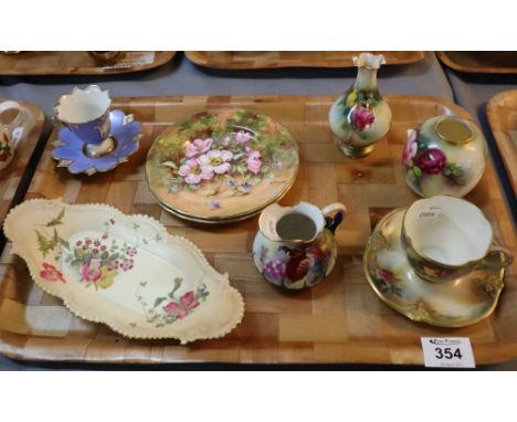 Tray of Worcester porcelain items to include; Hadleys cabinet cup and saucer, Worcester baluster vase and another vase all wi