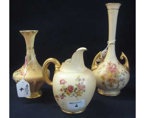 Royal Worcester porcelain helmet shaped cream jug with painted floral decoration on peach ground, printed marks with shape no