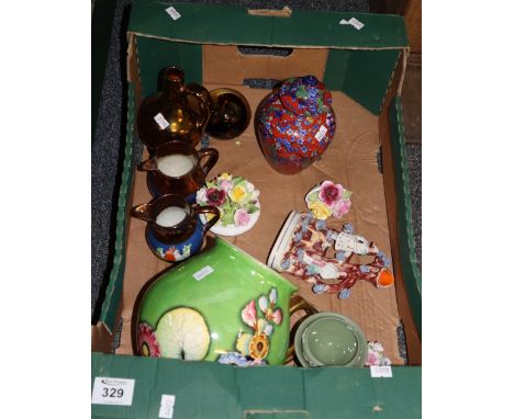 Box of china to include; large Carlton Ware floral lustre jug, copper lustre jugs, Staffordshire flatback spill vase etc, tog