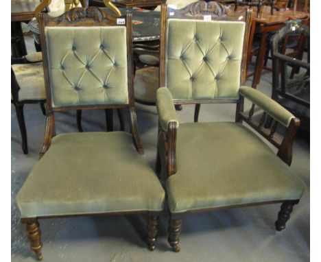 Edwardian mahogany carved and button back upholstered easy open armchair with matching nursing chair. (2)(B.P. 24% incl. VAT)