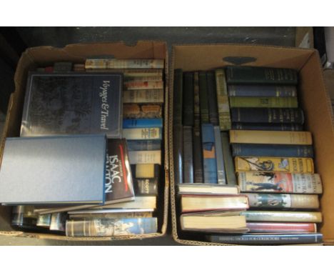 Two boxes of assorted books to include; travel, Robinson Crusoe, invitation to the ballet, Jubilee book of Cricket etc. Some 