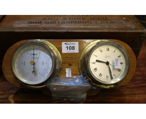 Marton brass small bulkhead type clock, together with matching barometer on wooden mount with instruction booklet. (B.P. 24% 