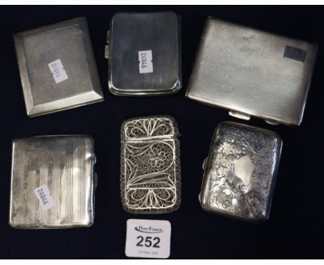 Group of silver and silver plated engine turned and engraved filigree etc cigarette cases. Silver weight 9 troy ozs approx. (