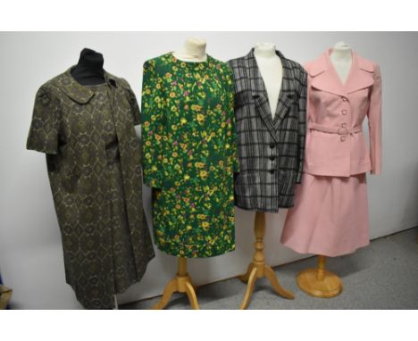 A selection of 1960s and clothing, including 1960s pink Windsmoor suit and American Peck and Peck dress suit.