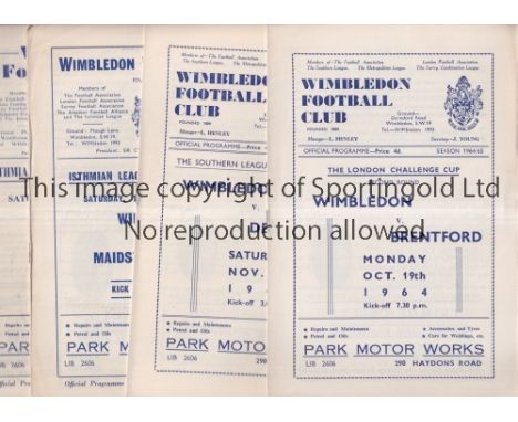 WIMBLEDON F.C.      Twenty six programmes: 21 homes 1959/60 - 1974/5 including Brentford 64/5 LCC and Leeds United 74/5 Janua