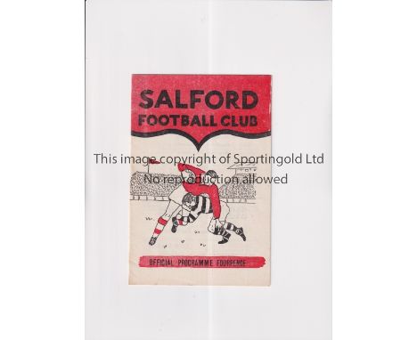 RUGBY LEAGUE / SALFORD V LEEDS AT MANCHESTER UNITED 1958    Programme for the match on 5/11/1958. Page three contains the art