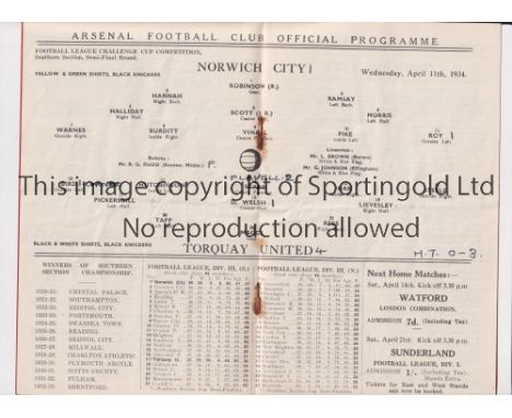 AT ARSENAL / NORWICH CITY V TORQUAY UNITED 1934      Programme for the Football League Challenge Cup Competition Southern Sec